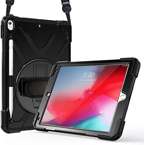 ProCase iPad Pro 10.5 Case with Pencil Holder/iPad Air 3 Case with Shoulder Hand Strap, Heavy Duty Shockproof Hybrid Rugged Kids Case, with Rotatable Kickstand Black