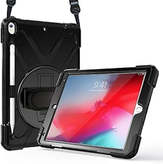 ProCase iPad Pro 10.5 Case with Pencil Holder/iPad Air 3 Case with Shoulder Hand Strap, Heavy Duty Shockproof Hybrid Rugged Kids Case, with Rotatable Kickstand Black