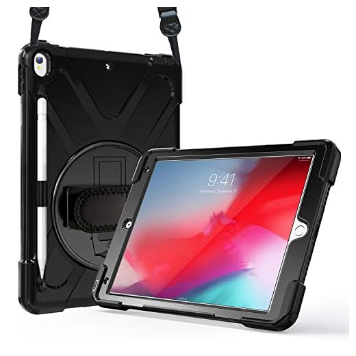 ProCase iPad Air 3 10.5 2019 /iPad Pro 10.5 2017 Hülle Case Handschlaufe,Robust Heavy Duty Stoßfest Hybrid Full Body Schutzhülle Cover, 360°Drehständer und verstellbar Riemen Schultergurt –Schwarz
