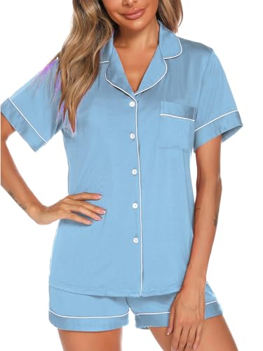 Image of Aamikast Button Up Pajama Set for Women Shorts Short Sleeve Knit Sleepwear 2 Pice Pjs Sets