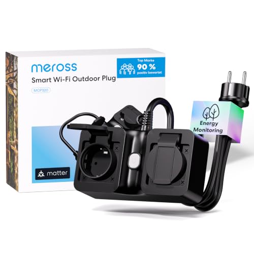 Meross Matter WLAN Steckdose Outdoor mit Strommessung Smart Steckdose Stromzähler für Balkonkraftwerk Außensteckdose Wasserdicht IP44 funktioniert mit HomeKit Alexa und Google 16A 1 5m