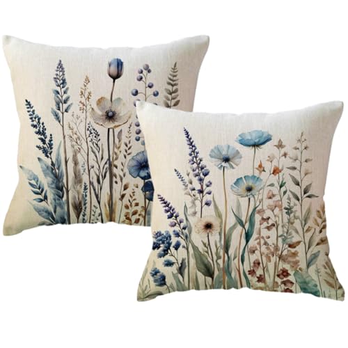 ULOVE LOVE YOURSELF Watercolor Wildflowers Throw Pillow Covers 18 x 18 Inch Blue Flower Cushion Case Rustic Farmhouse Winter Holiday Decoration for Sofa Couch Patio Porch (Blue/Beige)