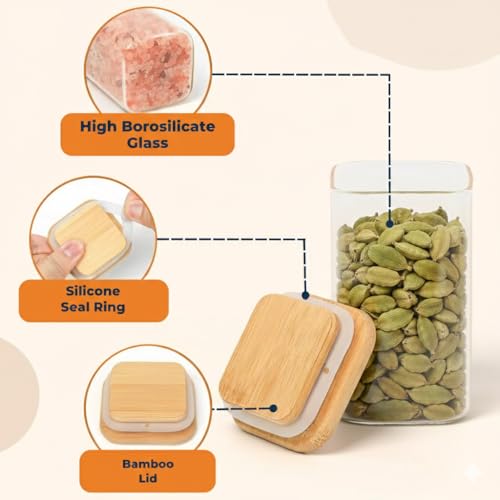 Image of Airtight Square Glass Storage Jar with Bamboo Lid, 280ml Pack of 4 | Borosilicate Multipurpose Kitchen Container for Coffee, Tea, Sugar, Masala, Spices & Dry Fruits | Transparent Pantry Organizer