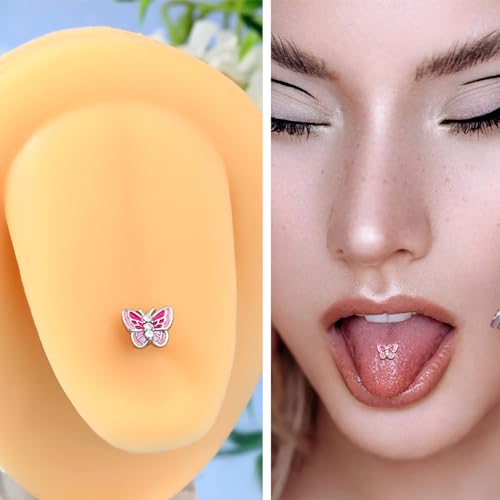 6Pcs Surgical Steel CZ Tongue Rings Sparkling Round Heart Flower Pink Butterfly Tongue Barbell Tongue Piercing Jewelry for Women4