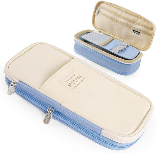 Image of Parshya Kawaii Pencil Case 2 Compartment Cute Pencil Pouch Aesthetic Pencil Case for Girls Large Capacity Pen Pencil Pouch Multifunctional Stationery Organizer for School Office (Spacial Blue)