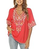 Picture of AK Women's V Neck Casual Summer Blouse, Boho Embroidered Mexican Peasant Tops Short Sleeve Shirts Casual Blouse Loose Tunics