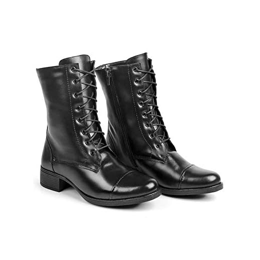 Bota Coturno Feminina em Couro, Cano Médio 18cm, Salto 4cm, Preto, com Zíper e Cadarço