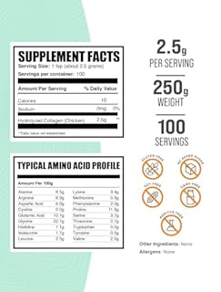 BulkSupplements.com Chicken Collagen Powder - Hydrolyzed Collagen Supplement, for Hair, Skin, & Nails - Unflavored & Gluten Free, 2.5g per Serving, 250g (8.8 oz) (Pack of 1)