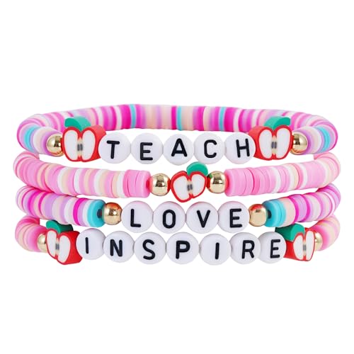 Pychee Summer Surfer Heishi Bracelet Set for Women Stackable Gold Plated Clay Ploymer Bead Stretch Pink Beach Layering Bracelets Jewelry (Style B-Teacher Bracelets)