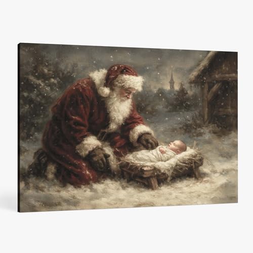 FISWAFY Nativity Christian Christmas Framed Canvas Wall Art Decor, Holiday Winter Santa and Baby Jesus Religious Posters Prints Wall Decor for Nursery Home Kids Bedroom Church, 14x11 Inch