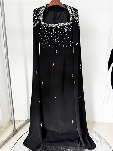 Women's Maxi Long Formal Prom Dress Diamonds Beaded Chains Cape Sleeve Luxury Evening Party Dresses3