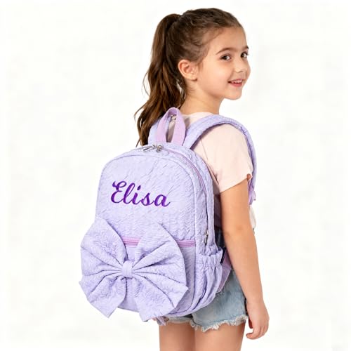 Image of 12inch Daycare Backpack Personalized Small Backpack with Name | Purple Kids Backpacks for Age 1-3,Lightweight Quilted Fabric,Large Front Pocket with Bow,Padded Shoulder Strap,Custom Gift