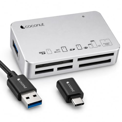 Image of Coconut CR11 USB 3.0 Card Reader with Type C 3.1 OTG, 6 in 1 Memory Card Adapter Compact Flash CF, TF, SD, MicroSD, SDHC, SDXC, MS Upto 10 Gbps Speed for Windows & Mac, PC Laptop Mobile - Silver
