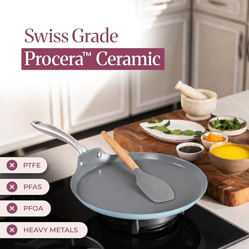 Image of Asai Ceramic Non Stick Dosa Tawa 28cm with Silicone Spatula | Blue | 100% Toxin Free | Superior Swiss Ceramic Cookware | Gas & Induction Compatible | Dosa, Chilla Pan | Lab Tested | Steel Handle