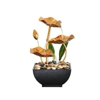 Pomeroy Metal Tabletop Water Fountain - Decor Ornaments with Waterfall Desktop Lotus Fountains, Deep Basin and Natural River Rocks, Indoor Zen Relaxation for Office, Bedroom Decor Item (Golden, 1 PCS)