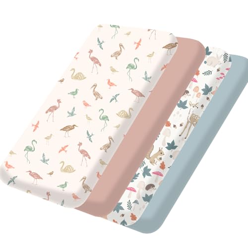 Image of Bimocosy Mini Crib Sheets,Pack and Play Sheets for Baby Girl Boy 4 Pack,Size 38"x 26" for Playard Mattress,Portable Mini Crib,Soft Pack N Play Sheets Fitted,Wetland Birds/Squirrel/Mauve/Fog Blue