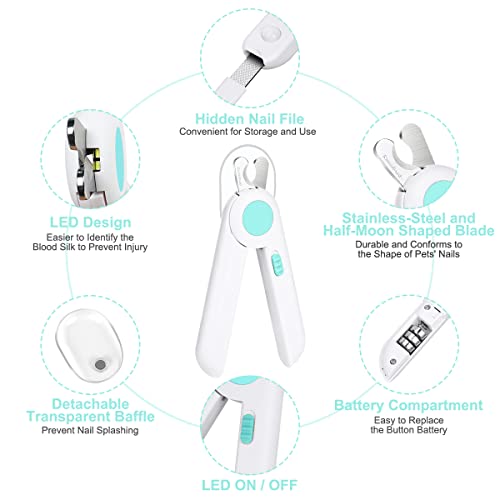 vsshe Nagelknipser mit Led-Licht für Hunde Katzen, 2-in-1 Krallenschere und Hundenagelschleifer mit Nagelfeile und Spritzfest Schutzvorrichtung für Hunde Katzen Kaninchen und Weitere Haustiere -Blau