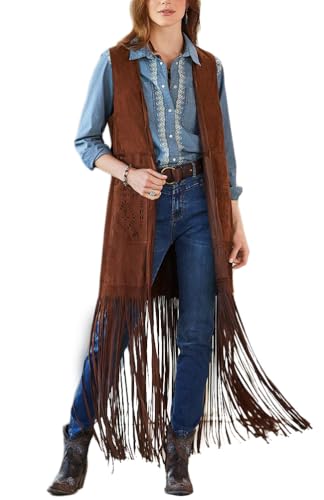 Veste longue sans manches femme hippie chic à franges style cowboy western