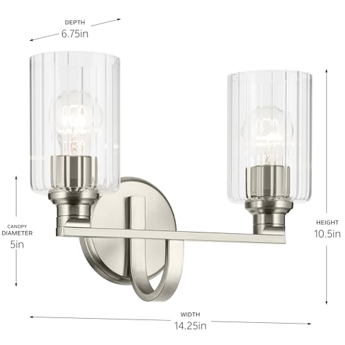 Image of Kichler Gioe 14.25 inch 2-Light Bathroom Vanity Light Fixture with Clear Fluted Glass in Brushed Nickel, Damp Rated for Bathroom Over Mirror (14.25 inch W x 10.5 inch H), 55225NIFLU