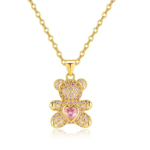 Teddy Bear Lucky Cat Pendant Heart Crystal Pendant Necklace Cute Animal Jewelry for Women