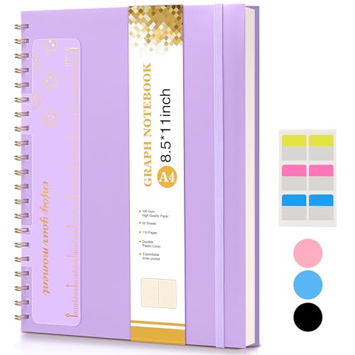 Graph Paper Notebook, Spiral Notebook Journal 8.5” x 11”, A4 Large Grid Notebooks for Women Men, 100 GSM Graph Paper, Plastic Hardcover Spiral Graphing Journals for Work School Engineerin, Purple