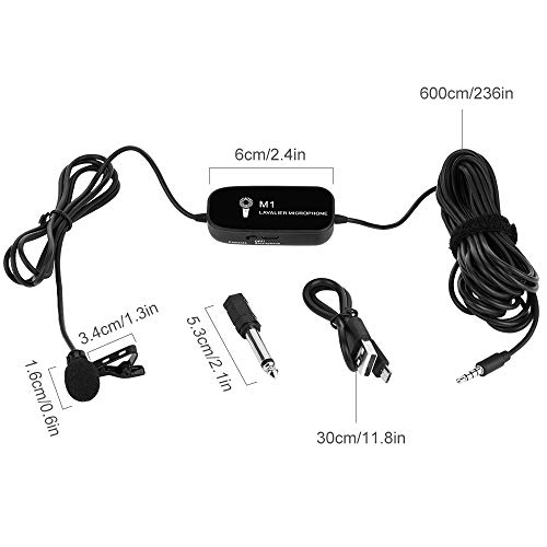 Recarregável Clip-on Lapela Microfone Condensador de Lapela Mic Omni-direcional 3.5mm Plug 6 Metros