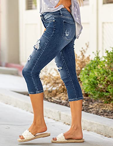Luvamia Jean Capris For Women Casual Summer High Waist Capri Pants Ripped Skinny Jean Stretchy Denim Capri Jeans Cobalt Night Blue Size Large Fits Size 12 To Size 14 #TOP1