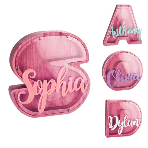 callie Custom Multi Font Piggy Bank with Multicolor Text Engraved Money Box Personalized Wooden Kid Initial Coin Money Bank for Girls and Boys Christmas Birthday Gift Home Decoration（Pink）
