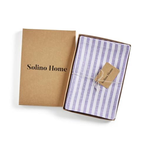 Image of Solino Home 100% Linen Napkins, 20 x 20 in, Violet, Amalfi Stripe, Set of 4 | elevate everyday dining and special gatherings, woven stripe, European flax fibres, machine washable, OEKO-TEX Certified
