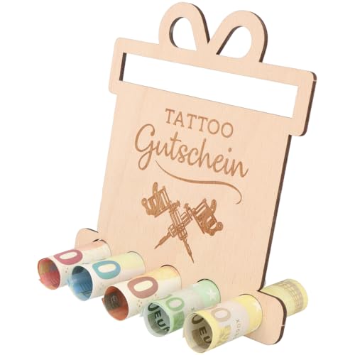 Spruchreif | Holzaufsteller Geldgeschenk Tattoo Gutschein – Originelle Geschenkidee aus Holz | Kreative Gutscheinverpackung für Tattoo-Fans
