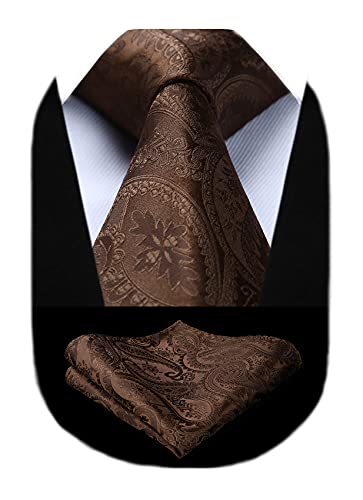 HISDERN Cravate Homme brun Paisley Cravates en Soie pour Hommes Mariage Cravatte et Pochette Set