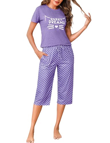 Uniexcosm Women's Pyjama Sets, Ladies Cropped Pyjamas Set Short Sleeve Top + Capri Pants Cotton Comfy Pajamas with Pockets Sleepwear Nightwear Loungewear for All Seasons