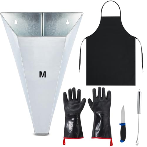Mumufy 5 Pcs Medium Chicken Processing Equipment Set Include Galvanized Steel Chicken Cone Poultry Restraint Cone Lung Remover Heatproof Gloves Durablet Apron Butchering Knife