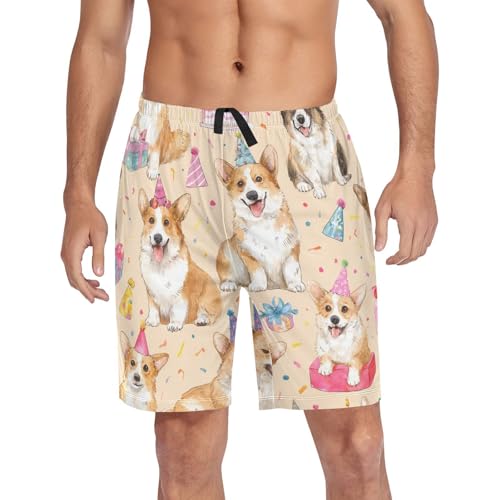 Corgi Dog with Birthday Party Hat Pajama Bottom Shorts for Men Soft Casual Sleep Lounge Shorts with Pockets S-XXL