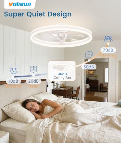 Image of VOLISUN Low Profile Ceiling Fans with Lights and Remote, 24in Flush Mount Ceiling Fans with Light, 3000K-6500K Dimmable Fandelier LED Fan Light, White Bladeless Ceiling Fans with Lights for Bedroom