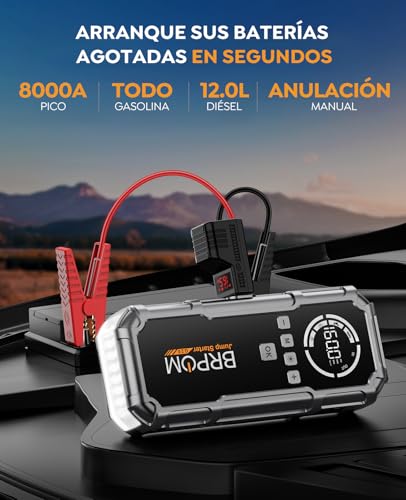 BRPOM Arrancador de baterías de Coche 8000 A con compresor de Aire 160 PSI, 12 V, para Motores Gasolina y diésel hasta 12 L, 26800 mAh, Pantalla LCD de 3,2 Pulgadas y luz LED 600 LM - Imagen 3