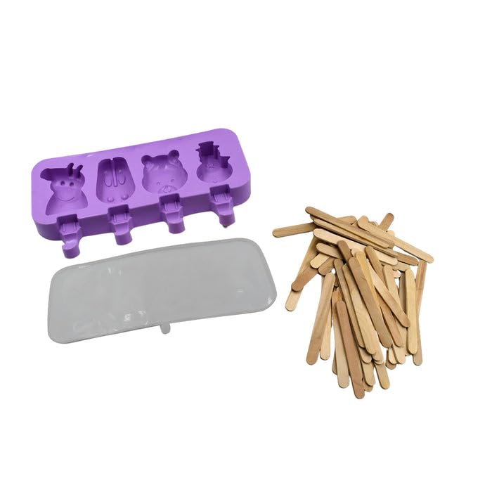 SILICONE POPSICLE MOLDS ICE CREAM POP MOLDS 4 CAVITIES with LIDS 50 PACK STICKS for KIDS ICE CUBE MAKER EASY RELEASE