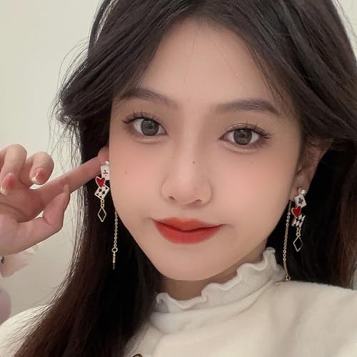 Red Heart Earrings Poker Card Dangle Earrings for Women Asymmetric Clock Drop Earring Card Queen Costume Accessories3