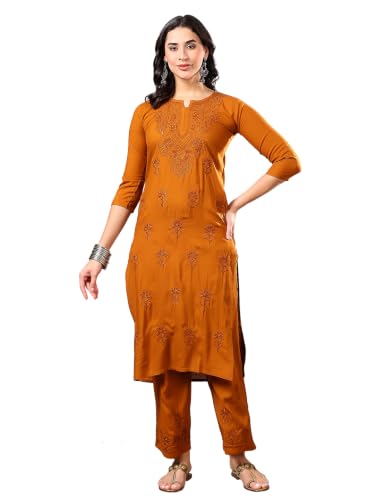 Image of Women Brown Ethnic Motifs Embroidered Lucknowi Chikankari Kurta & Palazzo Sets