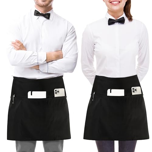 Utopia Wear 2 Pack Server Apron with 3 Pockets, Waist Apron for Waiter Waitress, 12 Inches, Black