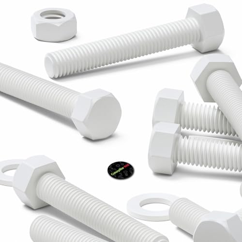 Image of 10x White Hexagon Head Polypropylene (PP) Plastic Nuts & Bolts, Washers, M10 x 60 mm, (25 /64 x 2-23 /64 in)