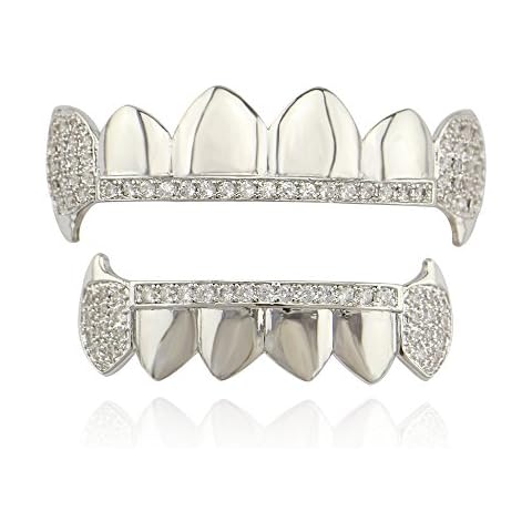 OOCC 18K Gold Plated Hip Hop Teeth Grillz Caps Iced Out CZ Top and Bottom Vampire Fangs Grillz with Diamonds for Your Teeth (Silver) Cover