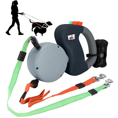 Doppelte Einziehbare Hundeleine Makife Dual Doggie Pet Leash Hundeleine Automatische Hund Versenkbar Leine Einziehbare 3m Geeignet für Kleine Mittelgroße Hunde Wandern Joggen 15pcs Hundekotbeutel Grau