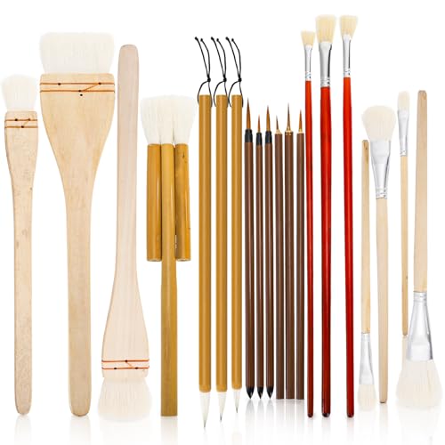 Acshio 20 Pack Pottery Glaze Brushes Wool Ceramic Brushes with Wood Handle Soft Watercolor Goat Hair Blend Mop Brush Set for Acrylic Painting Watercolor Oil Art Painting