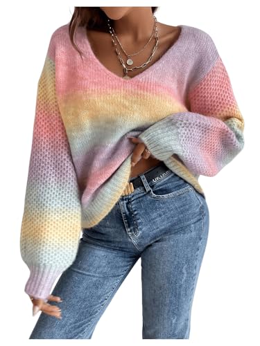 GORGLITTER Women's Oversized Colorful Striped Sweater Cute Long Sleeve Fall Chunky Knit Sweater Tops 20254