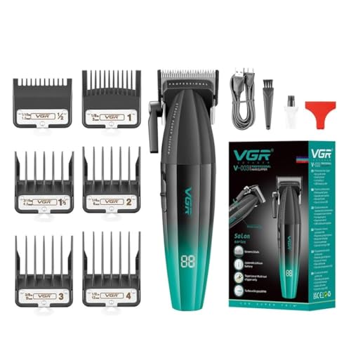 Image of VGR V-003 Ultra Premium Professional 9000 RPM 2 Speed Hair Clipper Set Metal Housing Ceramic & Powder Metallurgic Blade Digital Display 2500 Battery 4 adjustable Taper Lever 6 Guide comb (GREEN)