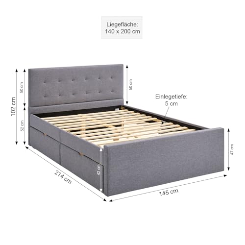 Stauraumbett 140×200 Homestyle4U Polsterbett mit Bettkasten und Lattenrost