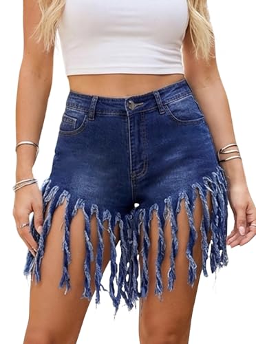 SOFIA'S CHOICE Women Fringe Denim Shorts High Waisted Ripped Jean Shorts Tassel Raw Hem Shorts with Pockets Blue Large