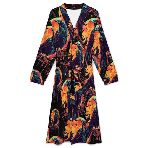 Watercolor Raven Moon Crow Soft Robe Long Sleeve Bathrobes V Neck Sleepwear Spa Robes with Belt Men Woman3