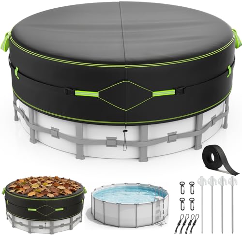 10Ft Round Pool Cover for Above Ground Pools Safety Solar Pool Covers with Reflective Strips Rope and Luminous Nails Upgraded Thicker Oxford PU Tarp Snug UV Protected Windproof Tear Resistant